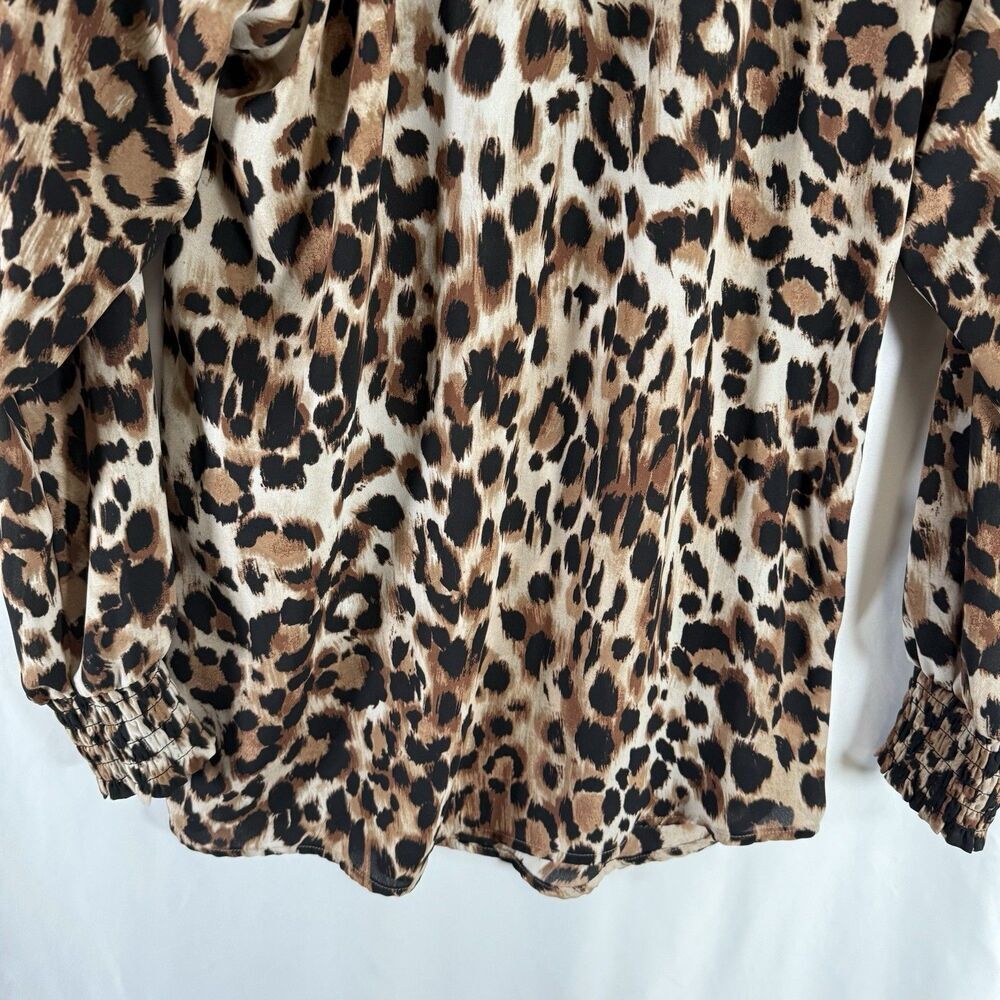 Chico's Blouse Women's Medium Brown Cheetah Print High Neck Lightweight Long Slv - Picture 11 of 11